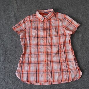 Columbia Womens Plaid Shirt Medium Short Sleeve Button Front Orange White